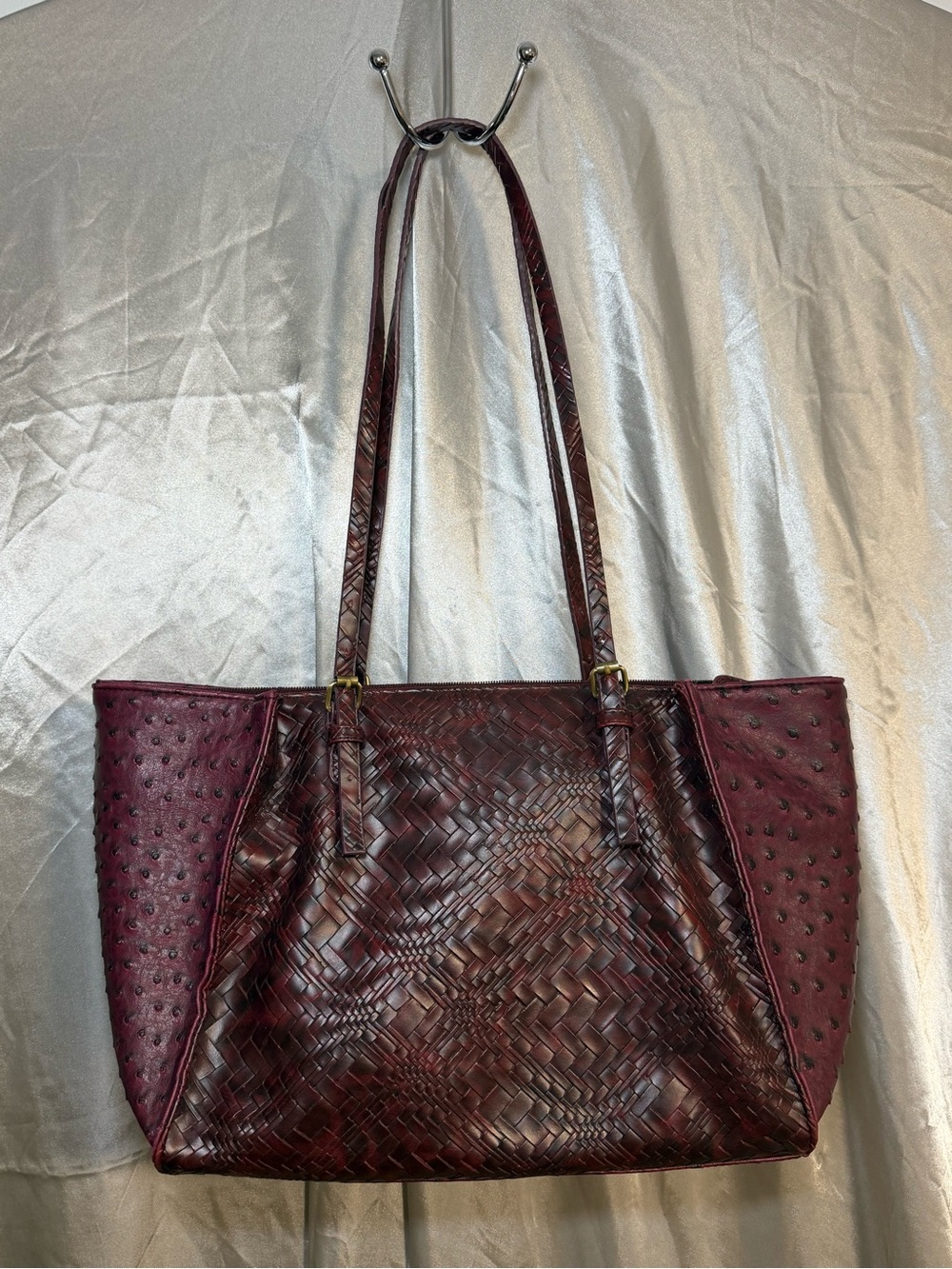 Sondra Robert’s Woven Leather Tote Bag in Deep Burgundy